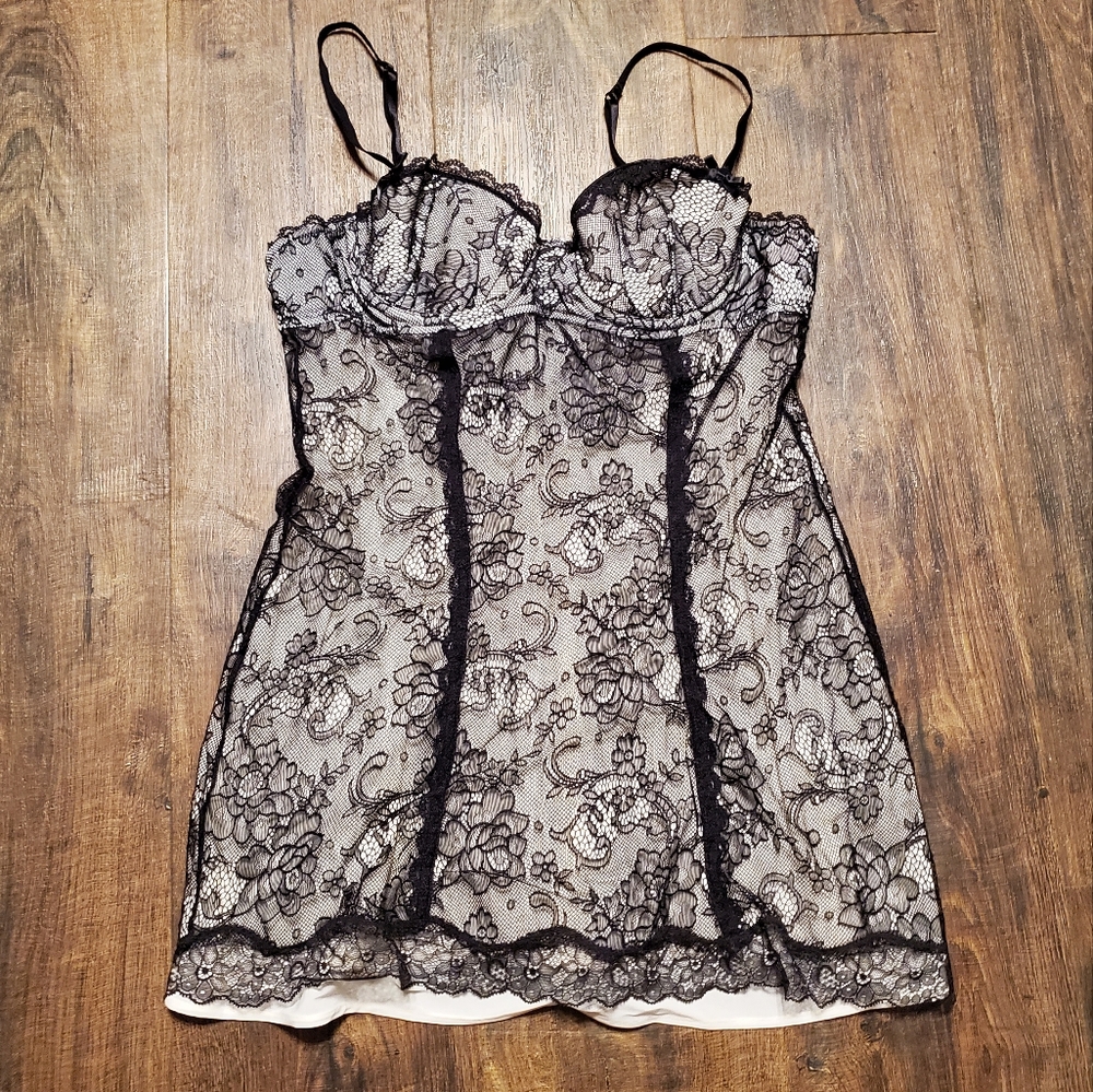 Victoria's Secret Little Things 36B Slip Dress Black Lace Lingerie White Slip